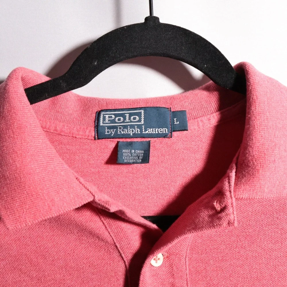 VTG Polo Ralph Lauren Mens L Pink Polo Shirt Blue Pony Short Sleeve Cotton 90s‎